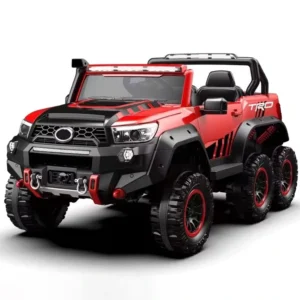 Red and black kids electric ride-on truck with six wheels, off-road design, and steering wheel for adventurous outdoor play