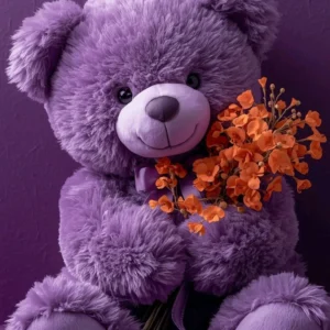**Alt Text:** Purple teddy bear holding orange flowers against a purple background, soft plush toy suitable for kids and gift occasions.